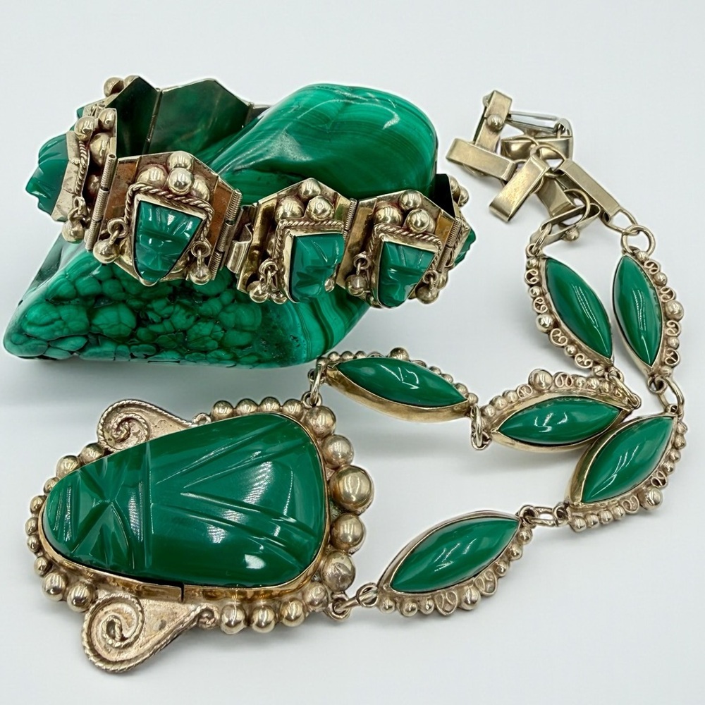 Vintage Mexico Sterling Green Onyx Aztec Mask Necklace Bracelet Set 17” & 7” - Picture 9 of 17